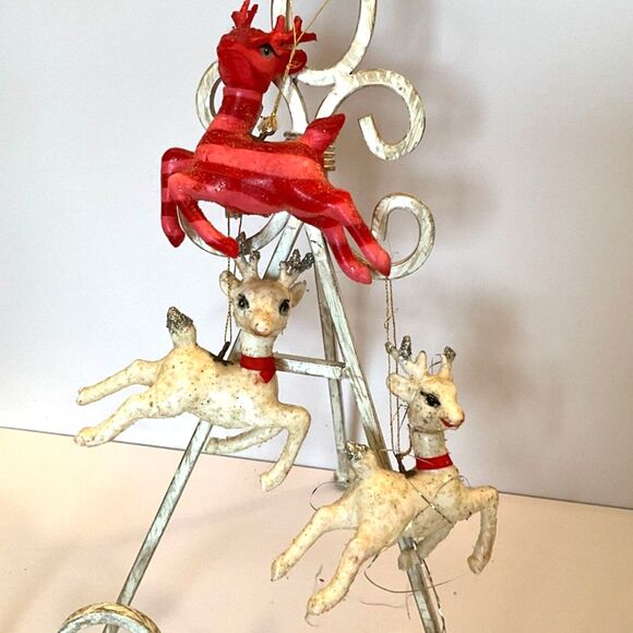3 vintage plastic Reindeer Ornaments; 2 white and one red; glitter edges - Picture 1 of 8